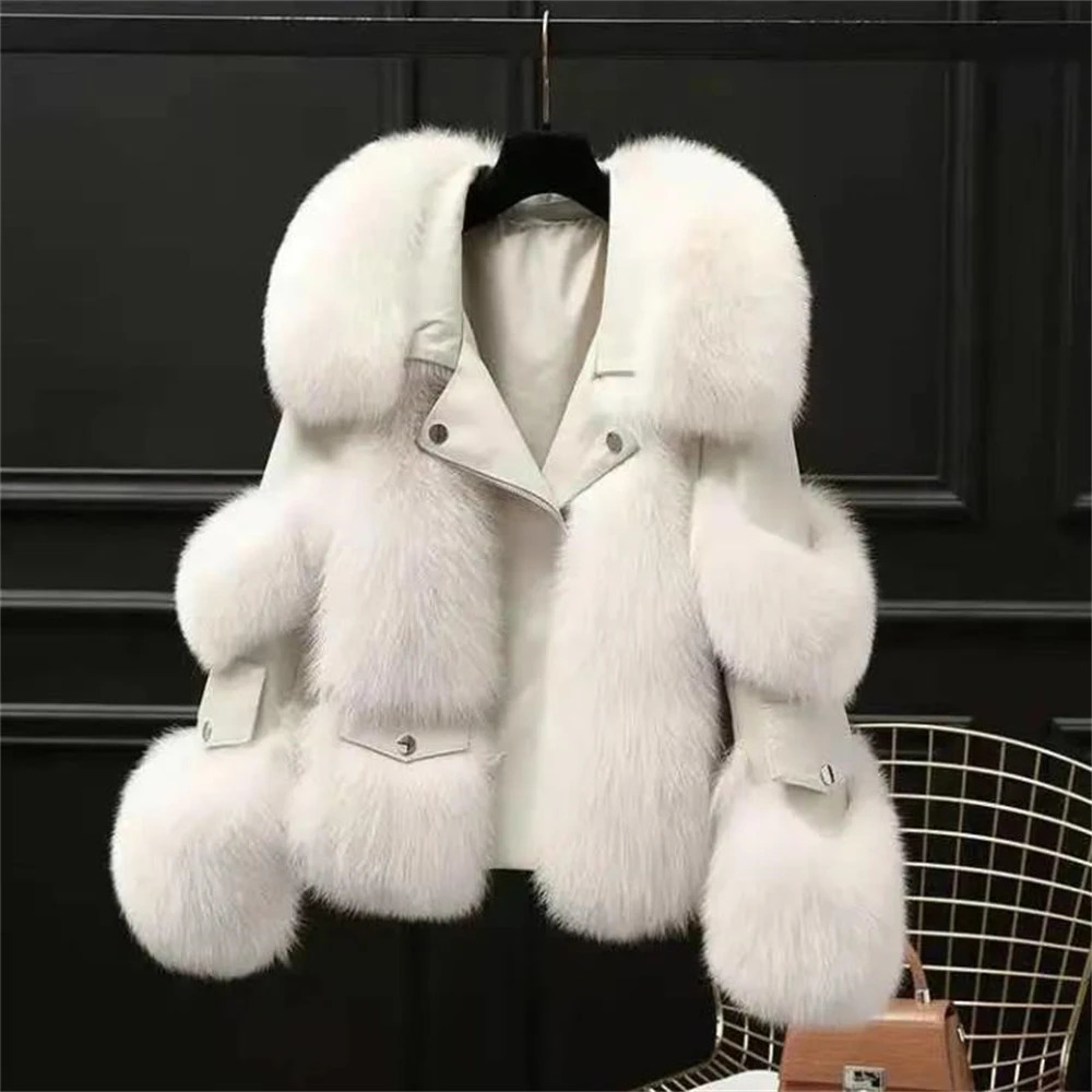 Women Winter Outerwear Tops Warm Short Fox Fur Coat Leather Full Fox Fur Motorcycle Jacket 250906