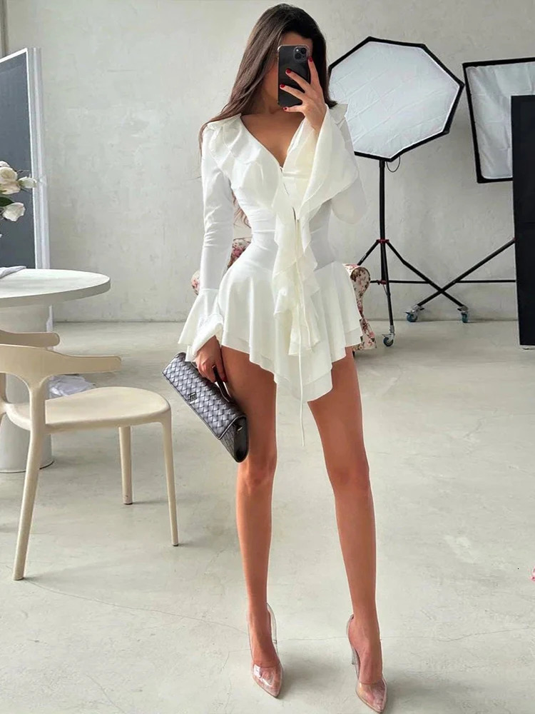Sisterlinda Y2K Elegant Style Mini Dress Women Autumn Trend Ruffles Decoration VNeck Flared Sleeve Birthday Party Clothing 250906
