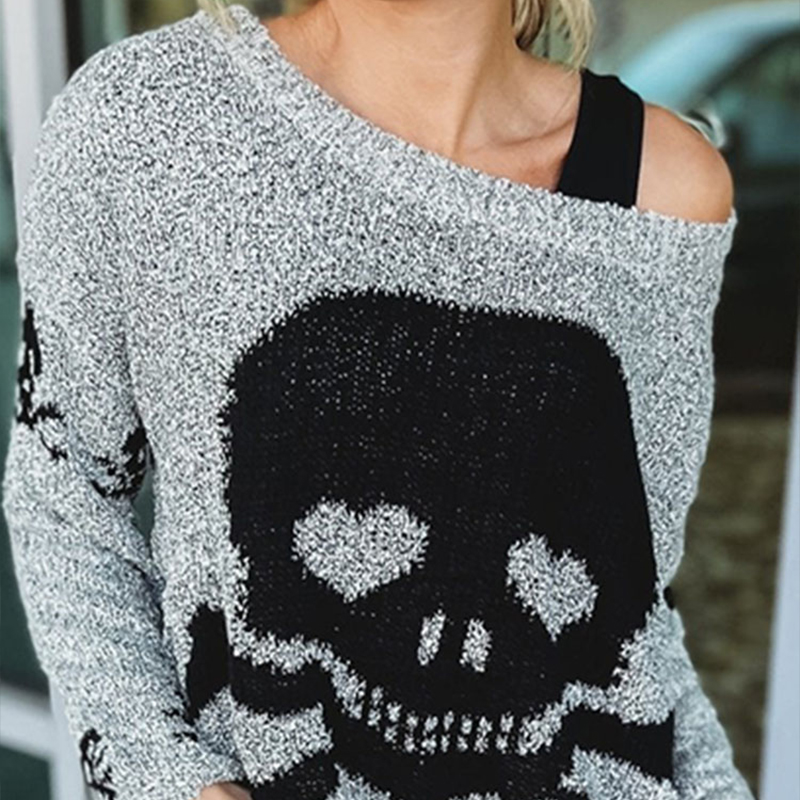 Women's Sweater Fashion Skull Pattern One Collar Loose Casual Versatile Knitted Sweater