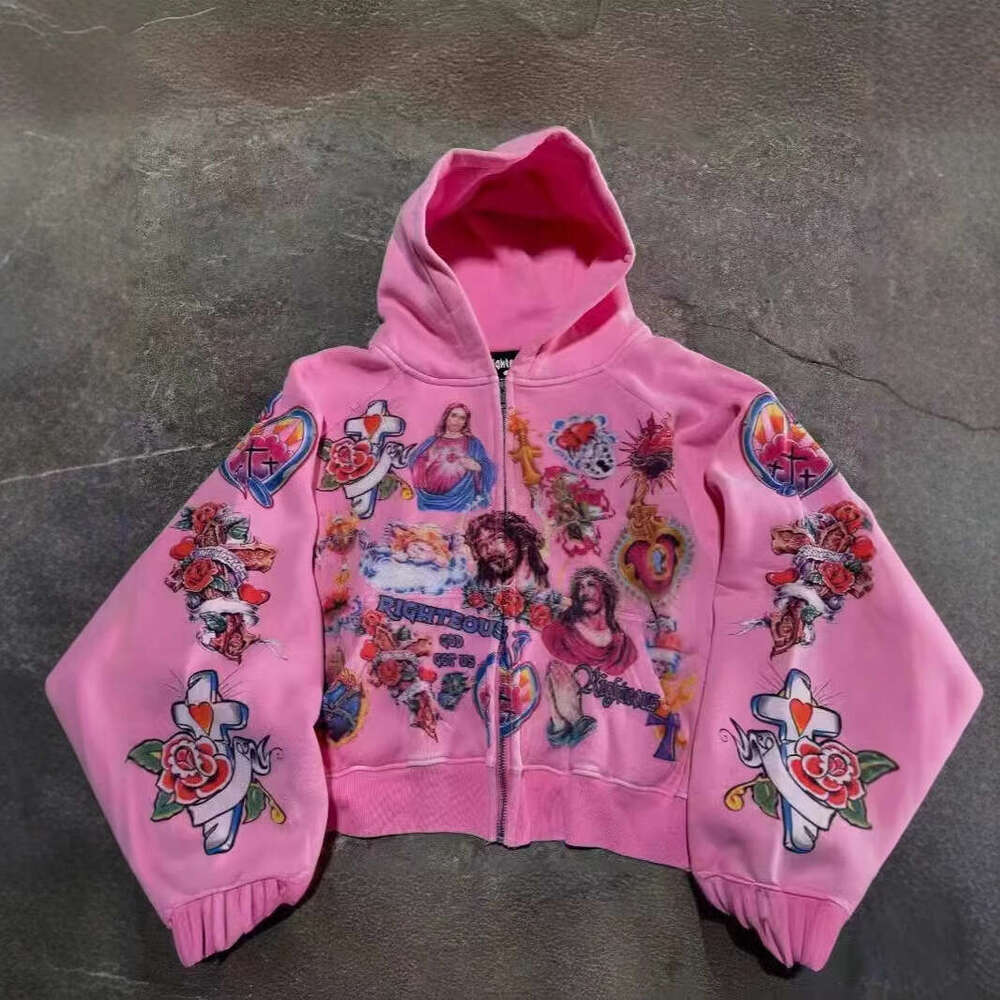 Hoodie jacket coat hoodies tracksuit men Sweatshirt RIGHTEOUS Cartoon Print Hooded Zipper Sweatshirt Casual Loose New Stock Wholesale