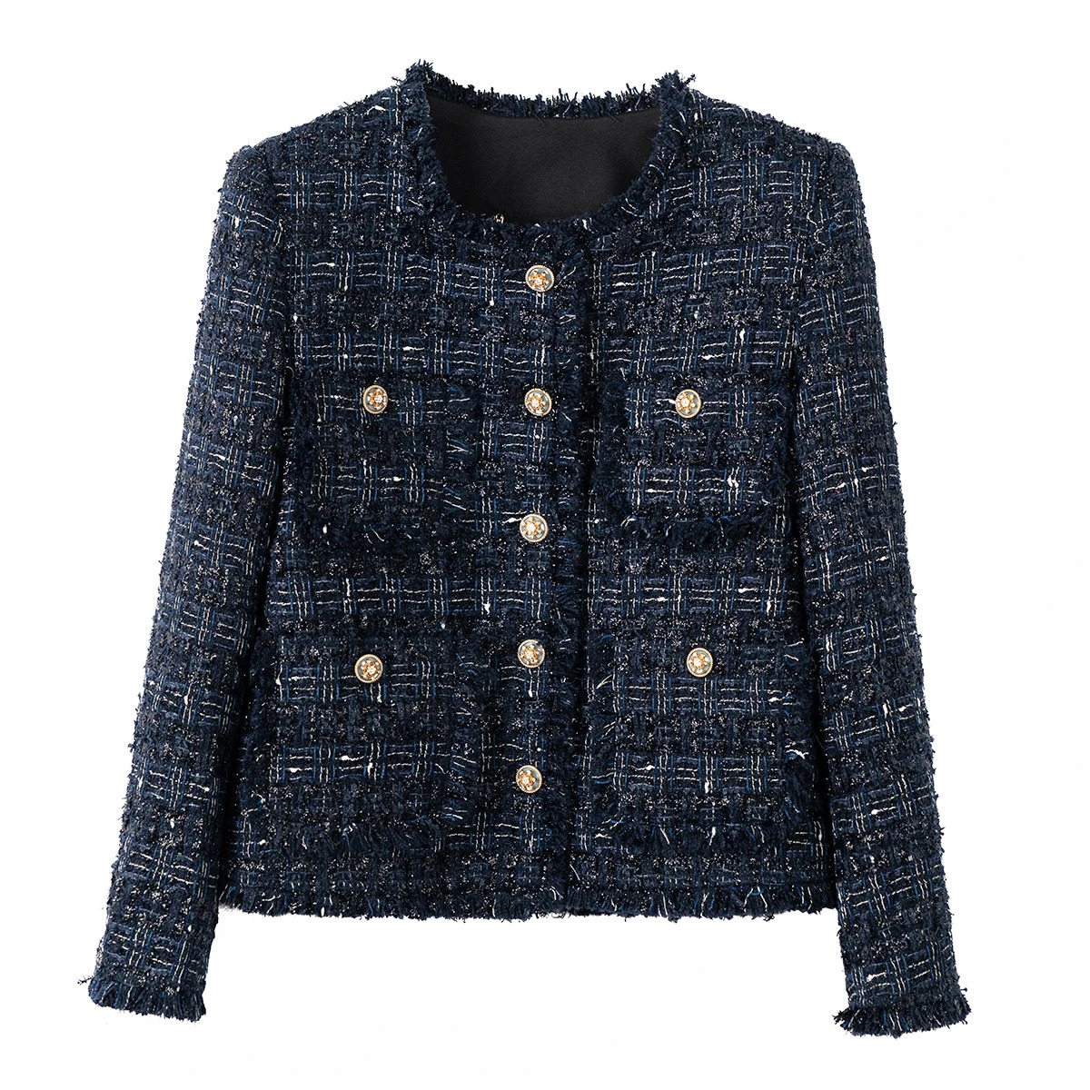 fashionable and elegant socialite small fragrant style round neck jacket with tassel contrasting color coarse tweed top 250906