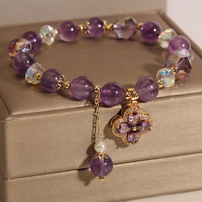 Luxury Brand Designer Jewelry Natural Amethyst Bracelet For Women Fashionable Personality Design Minimalist Style Four-Leaf Clover Pendant Bracelet Be