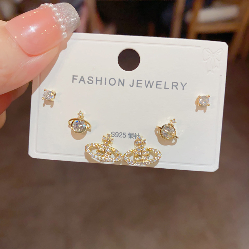 Luxury Brand Designer Jewelry S925 Silver Needle Micro Pave Zircon Saturn Three-Piece Earring Set For Women, Exquisite Fashion Versatile Super Sparkli