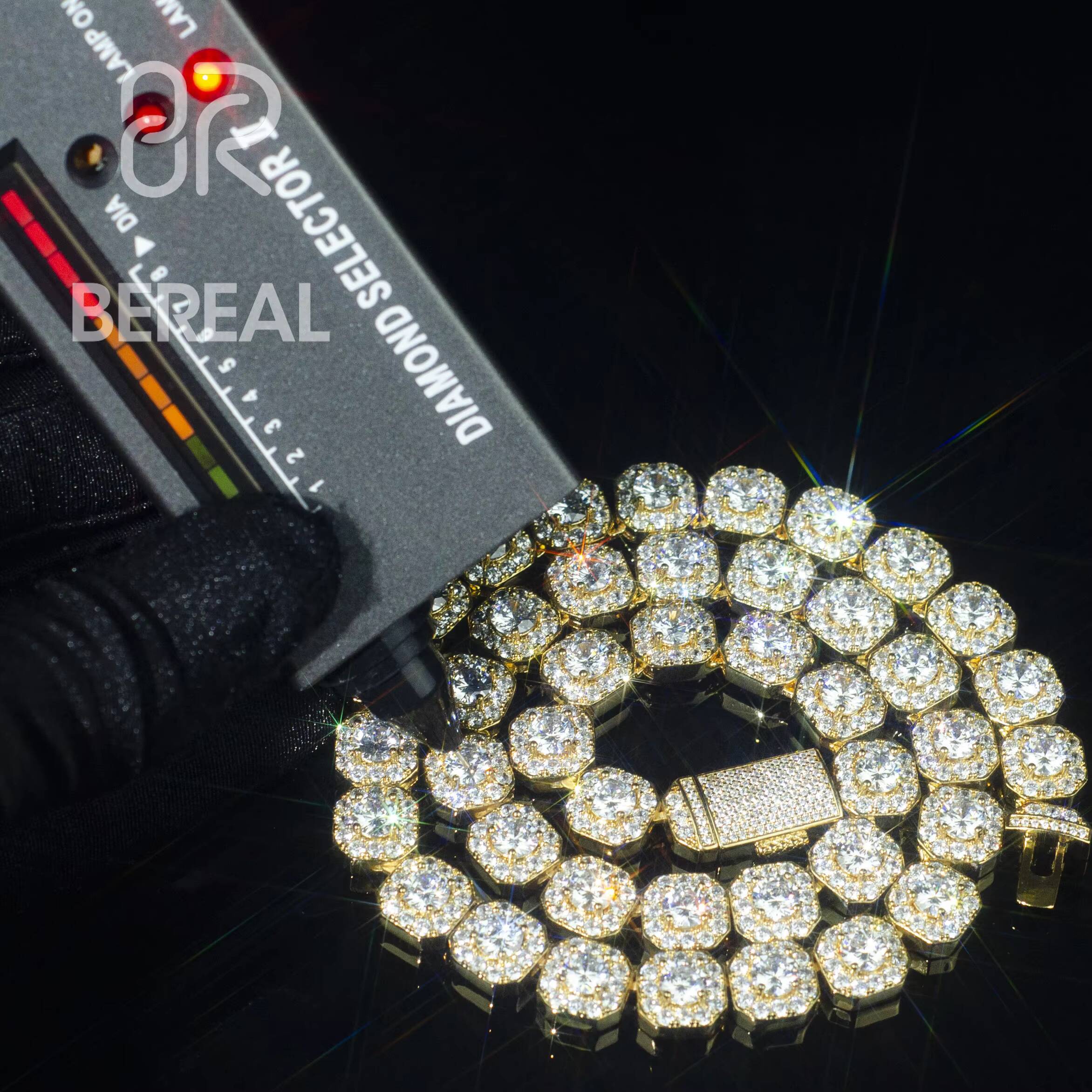 Factory High Quality Moissanite 10MM Square Micro Cluster Tennis Chain Necklace 925 Silver Mens Big Moissanite Tennis Chain