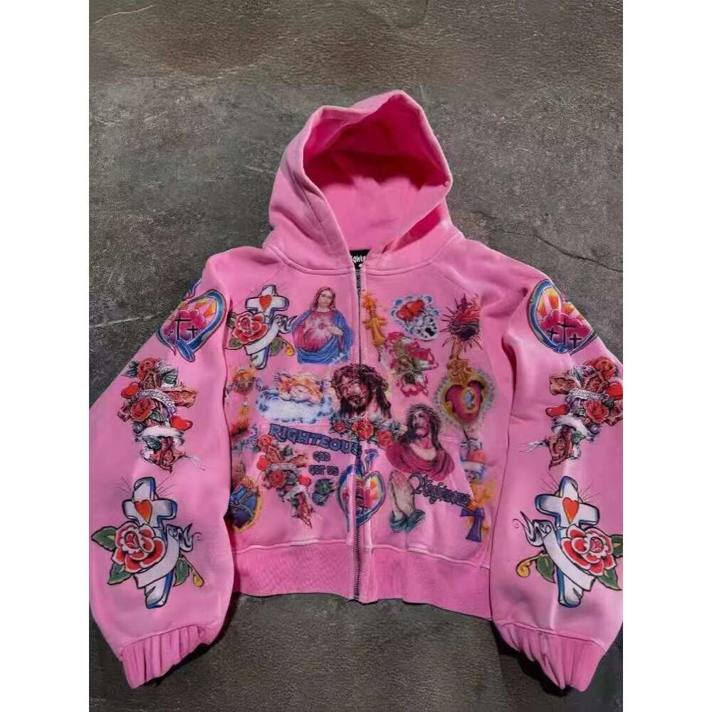 Hoodie jacket coat hoodies tracksuit men Sweatshirt RIGHTEOUS Cartoon Print Hooded Zipper Sweatshirt Casual Loose New Stock Wholesale