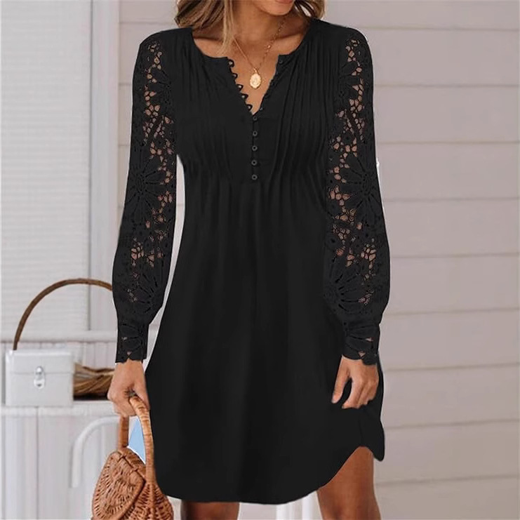 K91European and American plus size women's new casual lace splicing solid color dress