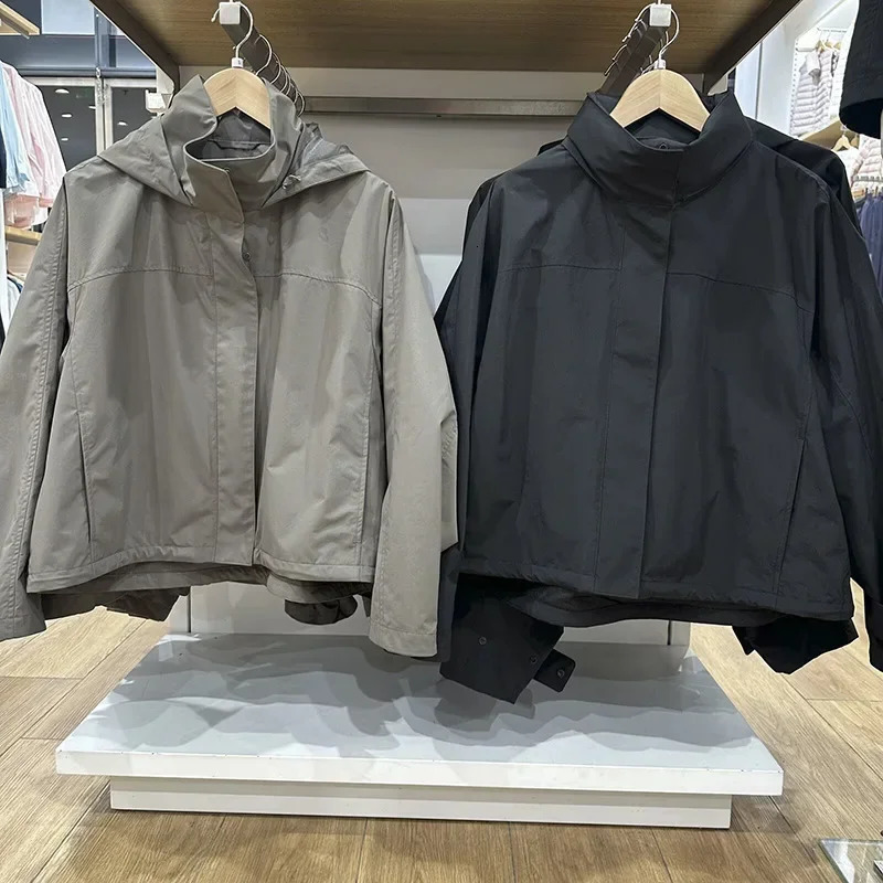 Windproof Stand Collar Hooded Jacket Womens Outdoor Casual Thin Short Coat Spring and Autumn Solid Color up 250906