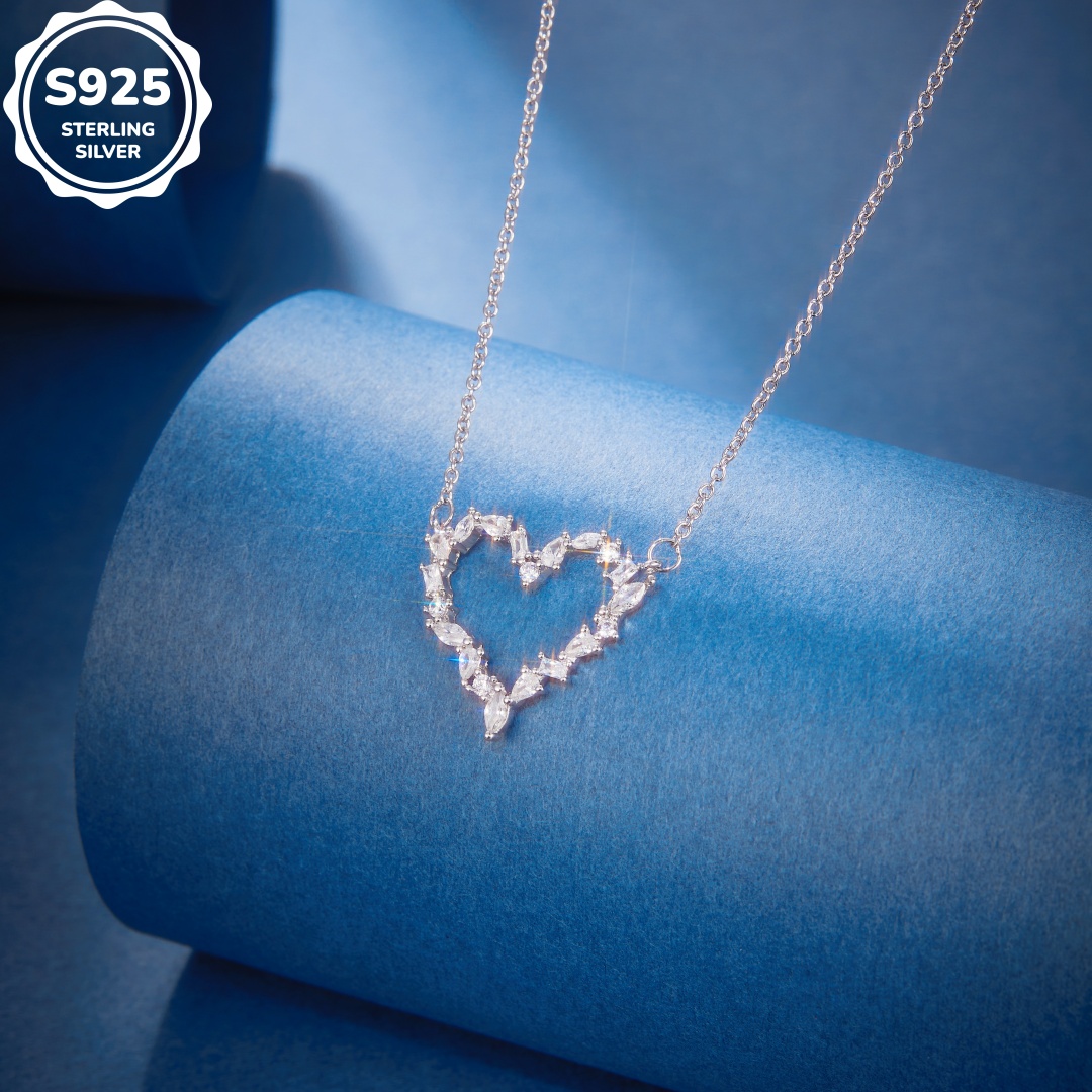 MT 925 Sterling Silver 5A CZ Hollow Heart Pendant Necklace, Women's Pearlized Charismatic Chain Jewelry, Wedding Engagement Proposal Necklace