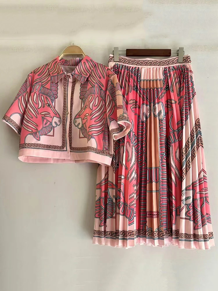 summer womens retro geometric print lapel straight short shirt twopiece set high waist loose pleated skirt fashion suit 250906