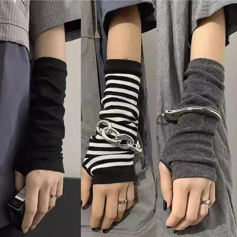 Women Men Gothic Lolita Glove Arm Cover Harajuku Arm Warmers Striped Fingerless Punk Long Wristband Fashion Y2K Girls Gloves 250906