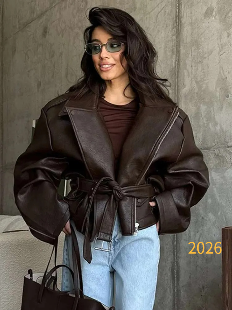 2025 PU Leather Jacket For Women Zipper Turn-down Collar Loose Fashion Coat Brown 2025 Spring Street Motorcycle Overcoat Top