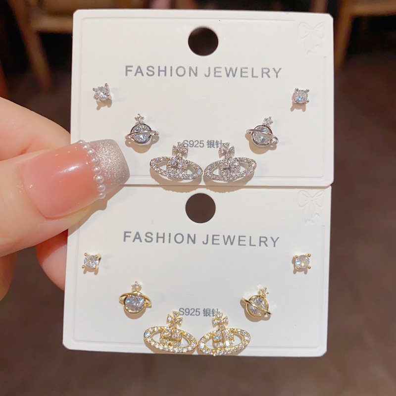 Luxury Brand Designer Jewelry S925 Silver Needle Micro Pave Zircon Saturn Three-Piece Earring Set For Women, Exquisite Fashion Versatile Super Sparkli