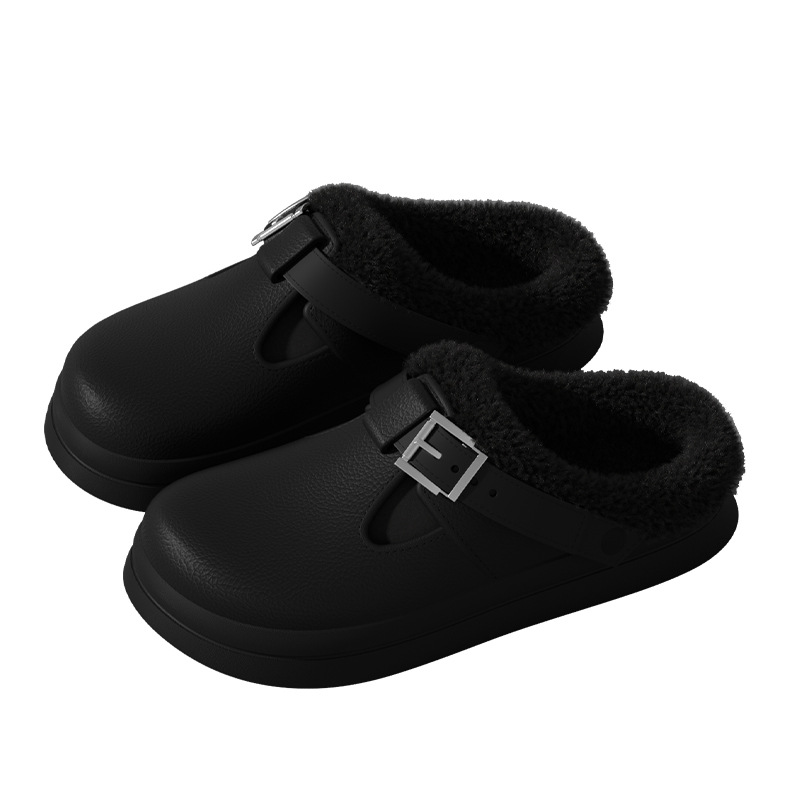 Fashionable autumn winter thick soled plush buckle warm cotton slippers casual new womens shoes