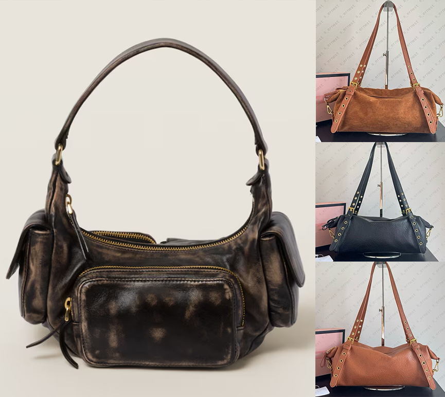 Y2K Hot Girl Single Shoulder Crossbody Bag Designer Handbag Vintage Washed Leather Motorcycle Bag Large Capacity Multi Pocket Bag