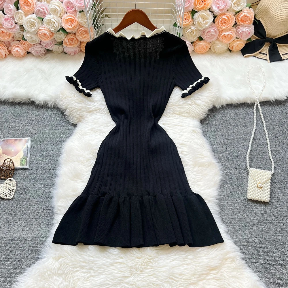 YuooMuoo Chic Fashion Sexy Package Hips Knitted Mini Dress 2025 Summer Women Elegant Black Ruffled Party Dress Streetwear250920