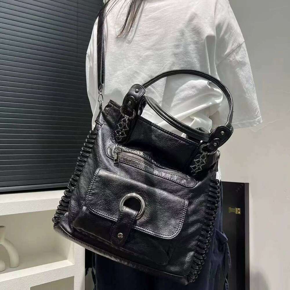 Women's Fashion Y2k Punk Distressed Tote Large Capacity Washed Vegan Leather Shoulder Bag