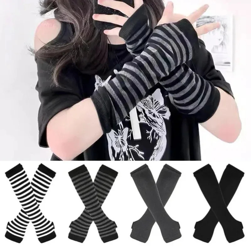 Women Men Gothic Lolita Glove Arm Cover Harajuku Arm Warmers Striped Fingerless Punk Long Wristband Fashion Y2K Girls Gloves 250906