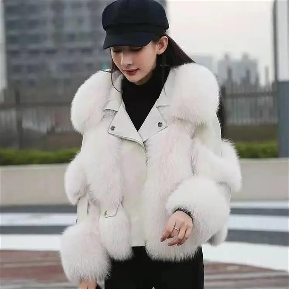 Women Winter Outerwear Tops Warm Short Fox Fur Coat Leather Full Fox Fur Motorcycle Jacket 250906