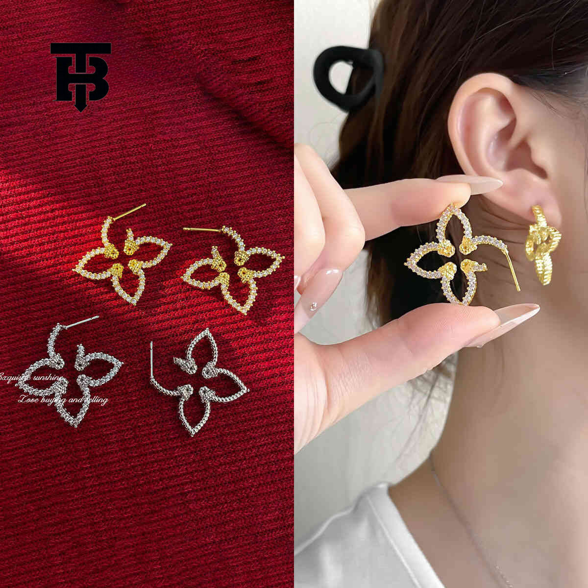 TB BHULAMTE Accessories Geometric Full Diamond Earrings Luxury Fashion High-end Ear Clips Elegant Multifunctional Exquisite Designer Clover Women'