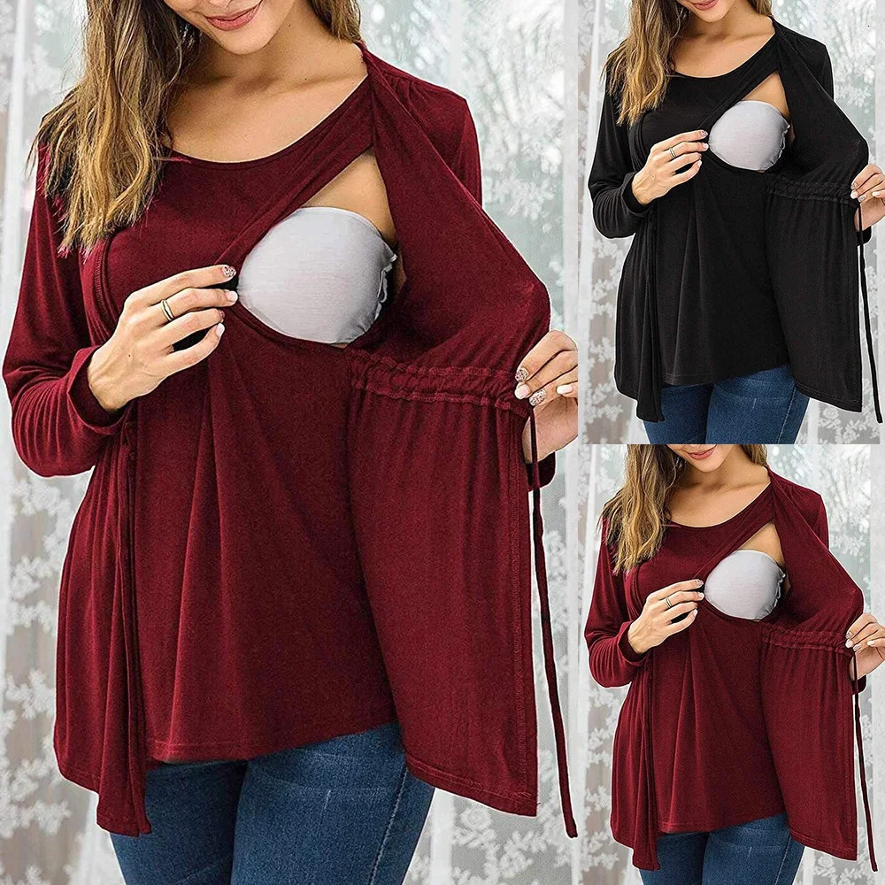 Women Maternity Clothes Long Sleeve Double Layer Nursing Tops Tshirt Breastfeeding Pregnancy Clothes Gestante Roupas 250906