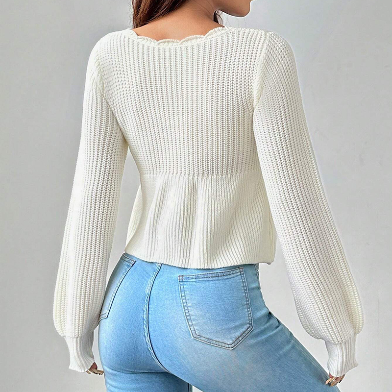 Designer Clothing Women's Lantern Sleeve Drawstring Knitted Sweater