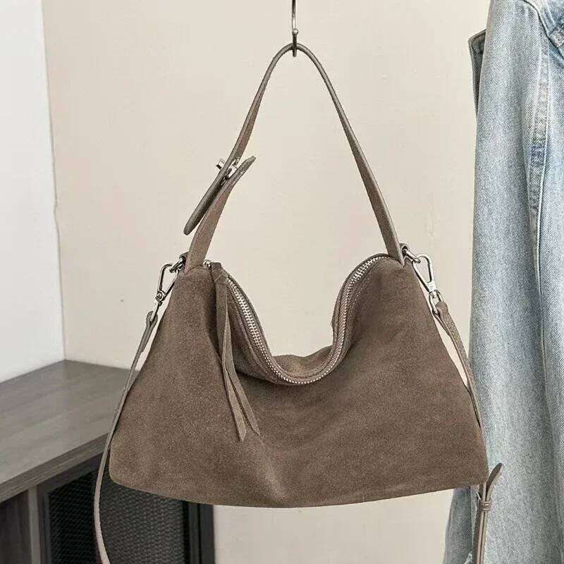 Women's Soft Matte Suede Handbag Lady Cowhide Shoulder Crossbody Bag Simple Cow Leather Colletion Grey Brown Tote Bags