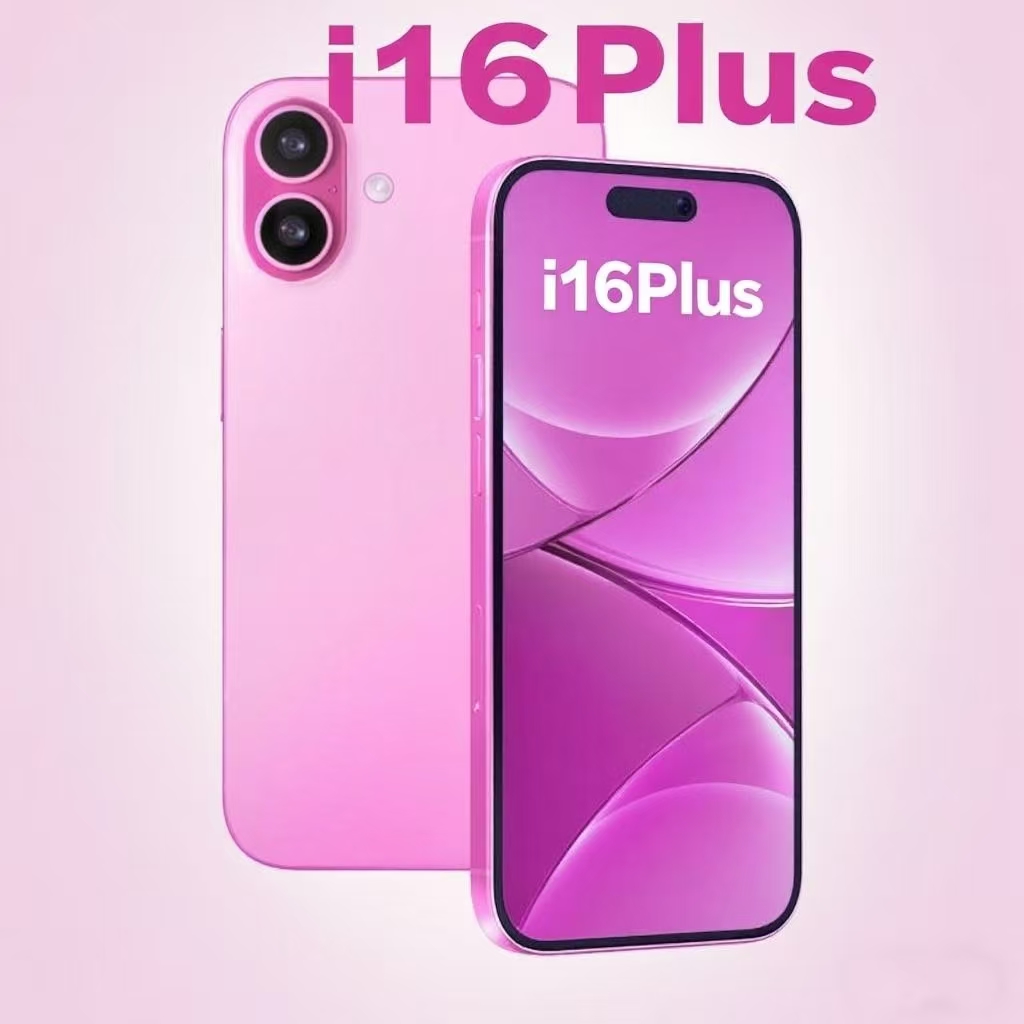 Unlocked i16 Plus Android smartphone with a 6.7-inch OLED display and 12GB of RAM and a Smart Island functional silicone case