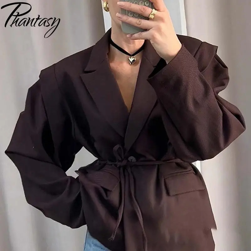 Phantasy Elegant Waist LaceUp Shoulder Padded Suit Jacket Womens HighEnd Sense Pure Color Casual Style 250906
