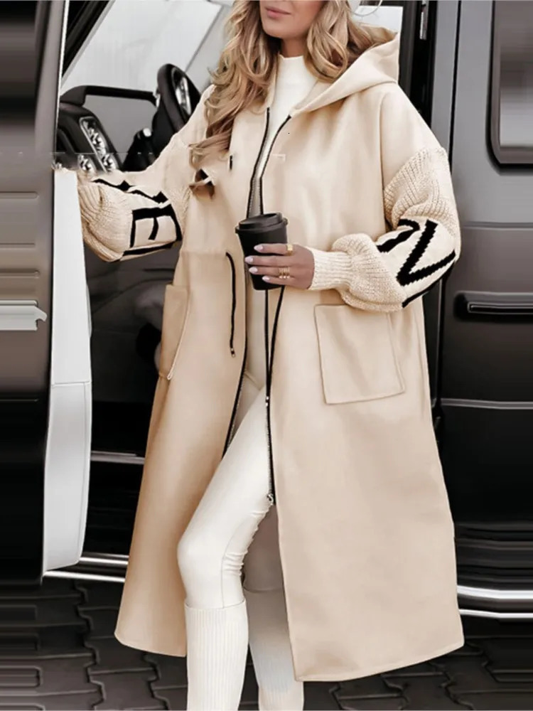 Fashion Hooded Long Sleeve Splicing Jacket For Women Elegant Autumn Winter Loose Casual Holiday Coats Female 250906