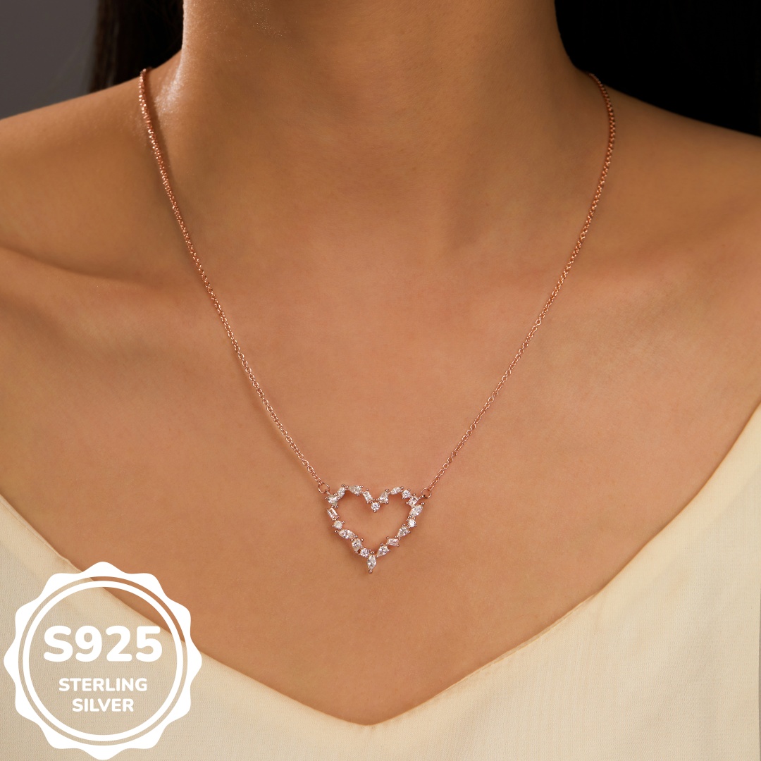 MT 925 Sterling Silver 5A CZ Hollow Heart Pendant Necklace, Women's Pearlized Charismatic Chain Jewelry, Wedding Engagement Proposal Necklace