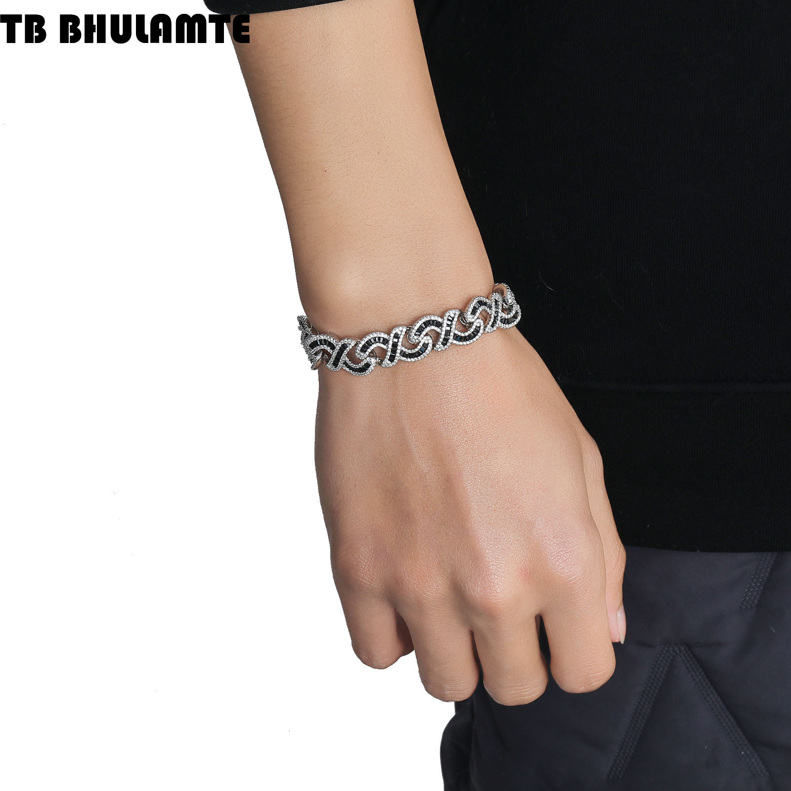 European Designer Fashion Popular And Luxury bag American 12mm 8-shape Bracelet Cuban Bracelet Black Cubic Zirconia Necklace Rap Men's Trendy One