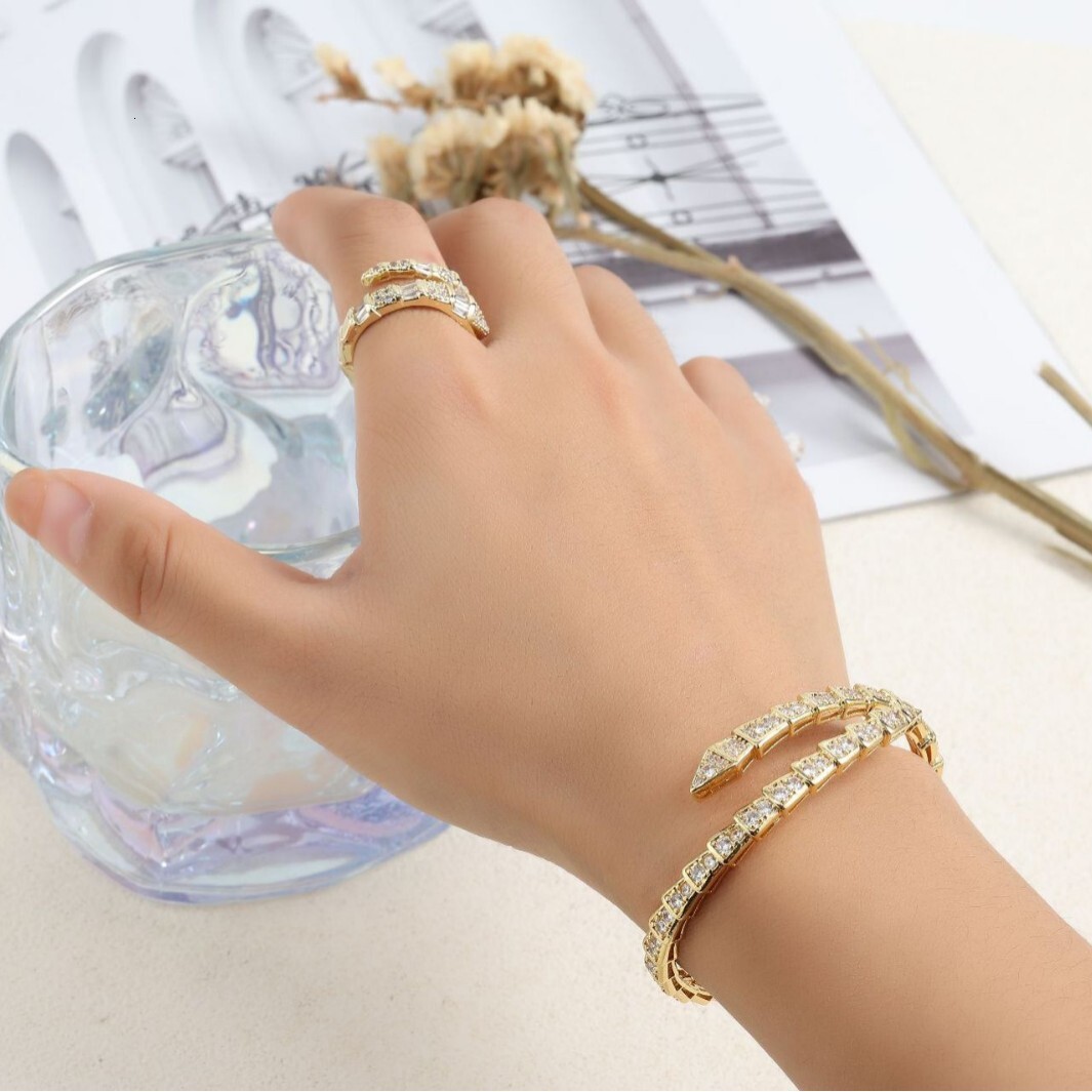 Luxury Brand Designer Jewelry New Micro-Inlaid Zircon Snake Bracelet Light Luxury Full Diamond Snake Bone Ring Spring Open Fashion Women's Ring J
