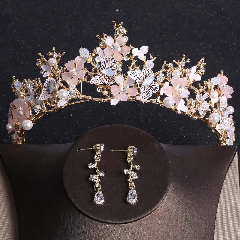 Baroque Gold Color Butterfly Crystal Costume Sets Rhinestone Choker Necklace Earrings Tiaras Crown Wedding Jewelry Set 250906 Z260313