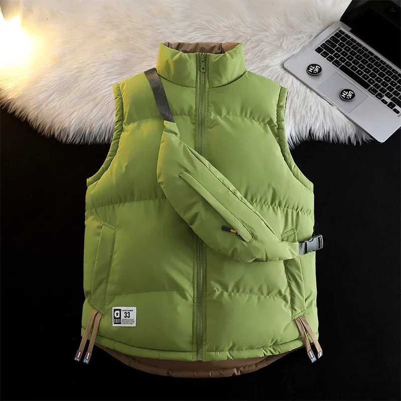 2025 Stand Collar Men Waistcoat Loose Reversible Warm Sleeveless Trendy Male Vest Fashion Solid Color Coats quality 250906