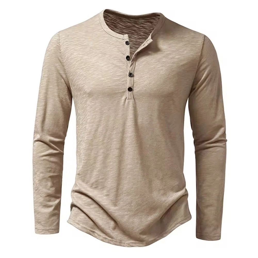 Autumn Mens Cotton Button Long Sleeve Henley Neck TShirt Casual Solid Color Breathable Versatile Fashion Slim TShirts 250906