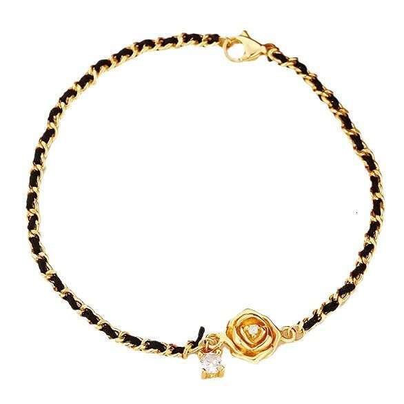 DHEssentials Nano Vacuum Coated Camellia Bracelet - Women's Luxury Black Gold Leather Cord Weave Court Style Accessory