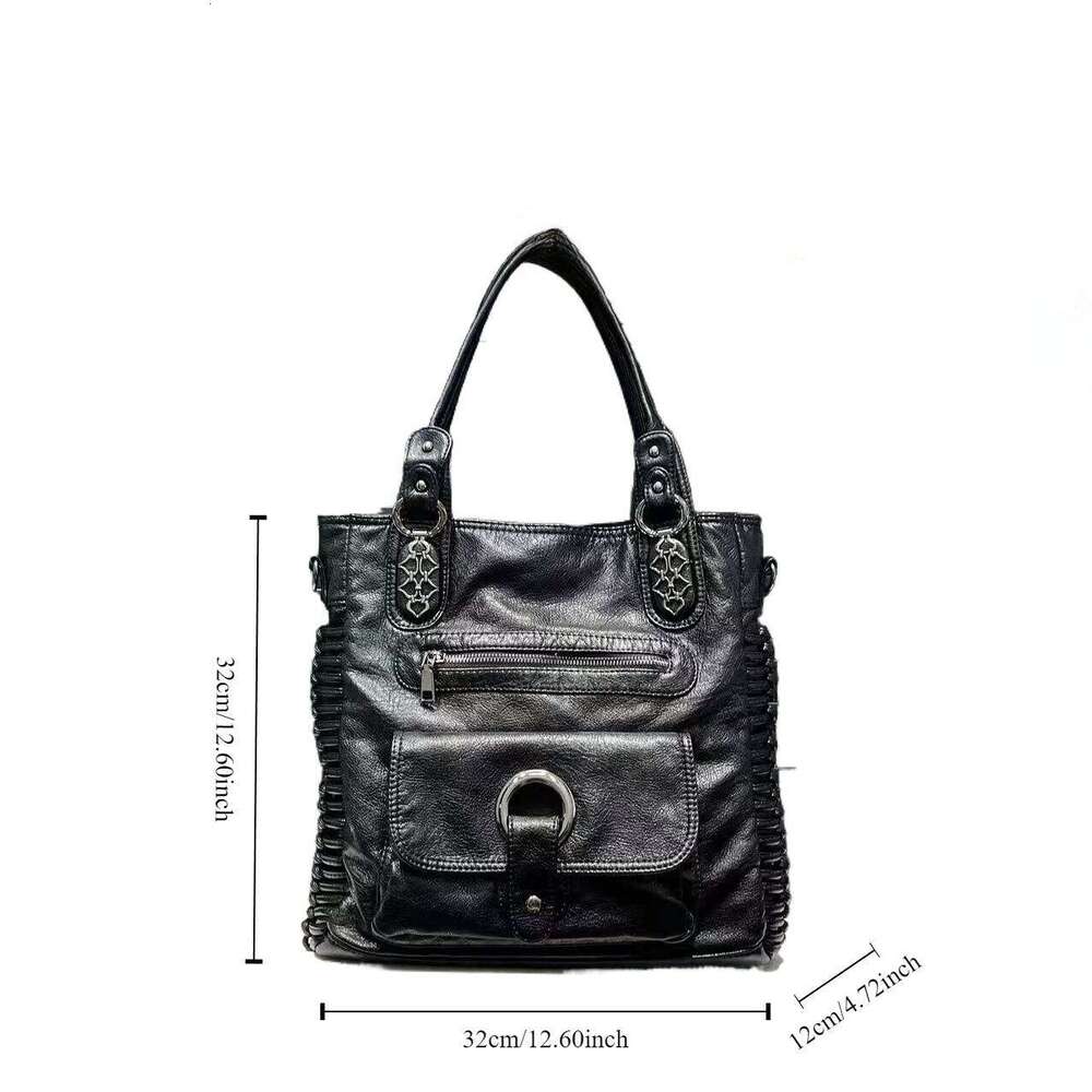 Women's Fashion Y2k Punk Distressed Tote Large Capacity Washed Vegan Leather Shoulder Bag