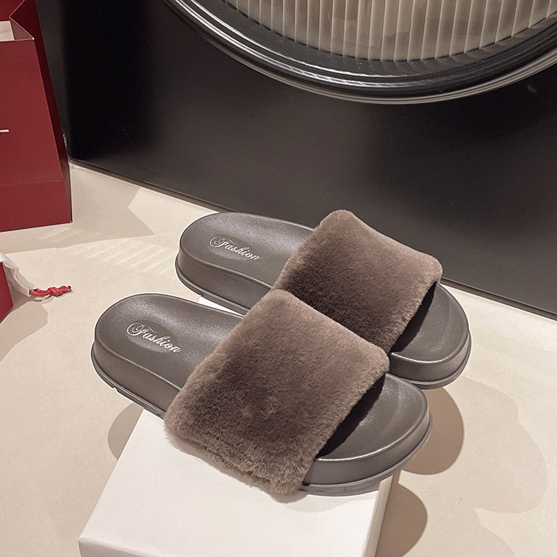 Gentle fairy style fur slippers for womens outdoor wea new autumn winter thick soled warm onepiece cotton slippers