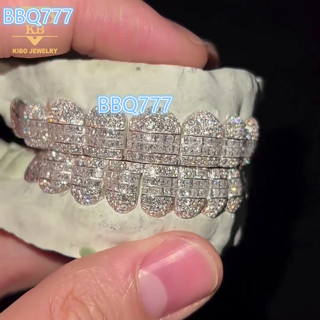 925 Sterling Silver Hybrid Grillz Round Baguette Cut 10 Top 10 Bottom Custom Iced Out VVS Moissanite Grillz for Teeth