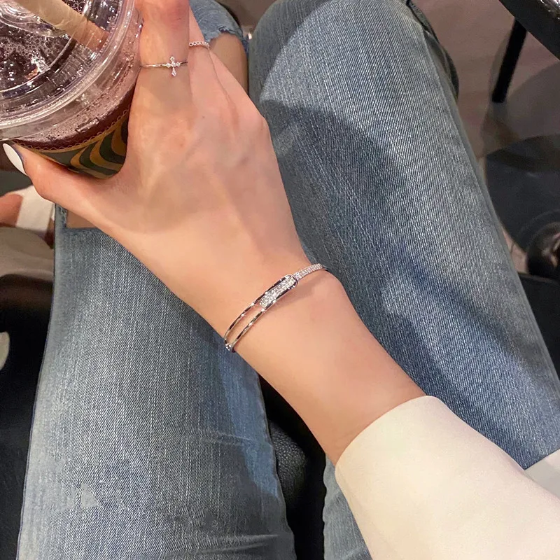 New 925 Sterling Silver Zirconia Inline Starry Sky Open Metal Bracelet niche and high-end geometric diamond bracelet Shiny Party Gift Fashion Women Je - view 6