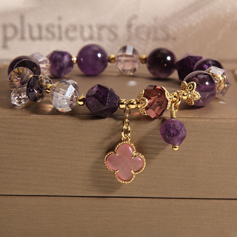 Luxury Brand Designer Jewelry Natural Amethyst Bracelet For Women Fashionable Personality Design Minimalist Style Four-Leaf Clover Pendant Bracelet Be