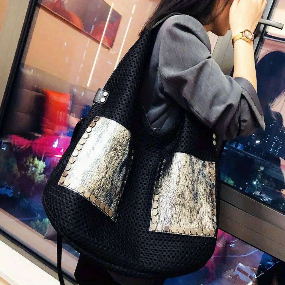 Women's Fashionable Retro Mesh Patchwork Cowhide Tote With Large Capacity Single Shoulder Crossbody Carrying Bag