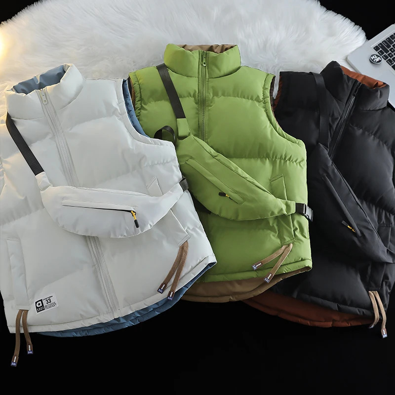 2025 Stand Collar Men Waistcoat Loose Reversible Warm Sleeveless Trendy Male Vest Fashion Solid Color Coats quality 250906
