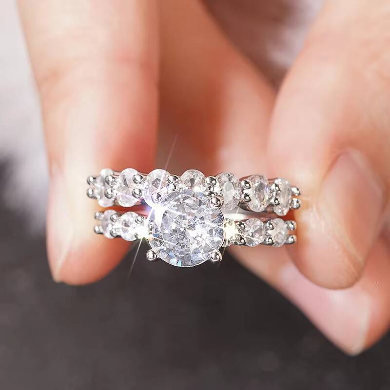 CAOSHI Hot Sale Graceful Geometric Design Bling 3A Zircon 2Pcs Sets Rings for High Quality Women Wedding Silver Plated CZ Rings