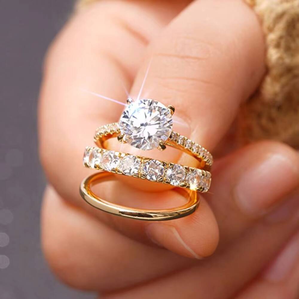 Customizable 18K Gold Plated Wedding Ring Set Modern Trendy Inlay Zircon Rings Jewelry Women Fashion Rings