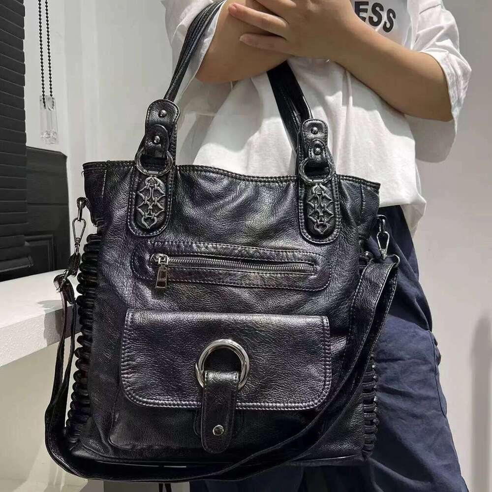 Women's Fashion Y2k Punk Distressed Tote Large Capacity Washed Vegan Leather Shoulder Bag
