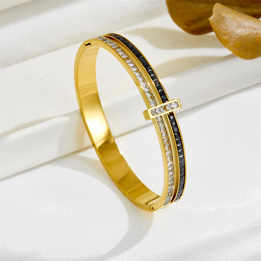 Gold Tone Luxury Jewelry Stainless Steel Cuff For Women and Men Silver Color Couple Bracelets Green White Rhinestone Wide Bangle Full Diamond Bracelet - view 8