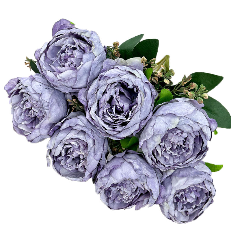 7 Heads Artificial Burning Edge Peony Simulation Fake Flower Realistic Bouquet for Vase Filler Home Wedding Room Office Decoration DIY Floral Arrangement