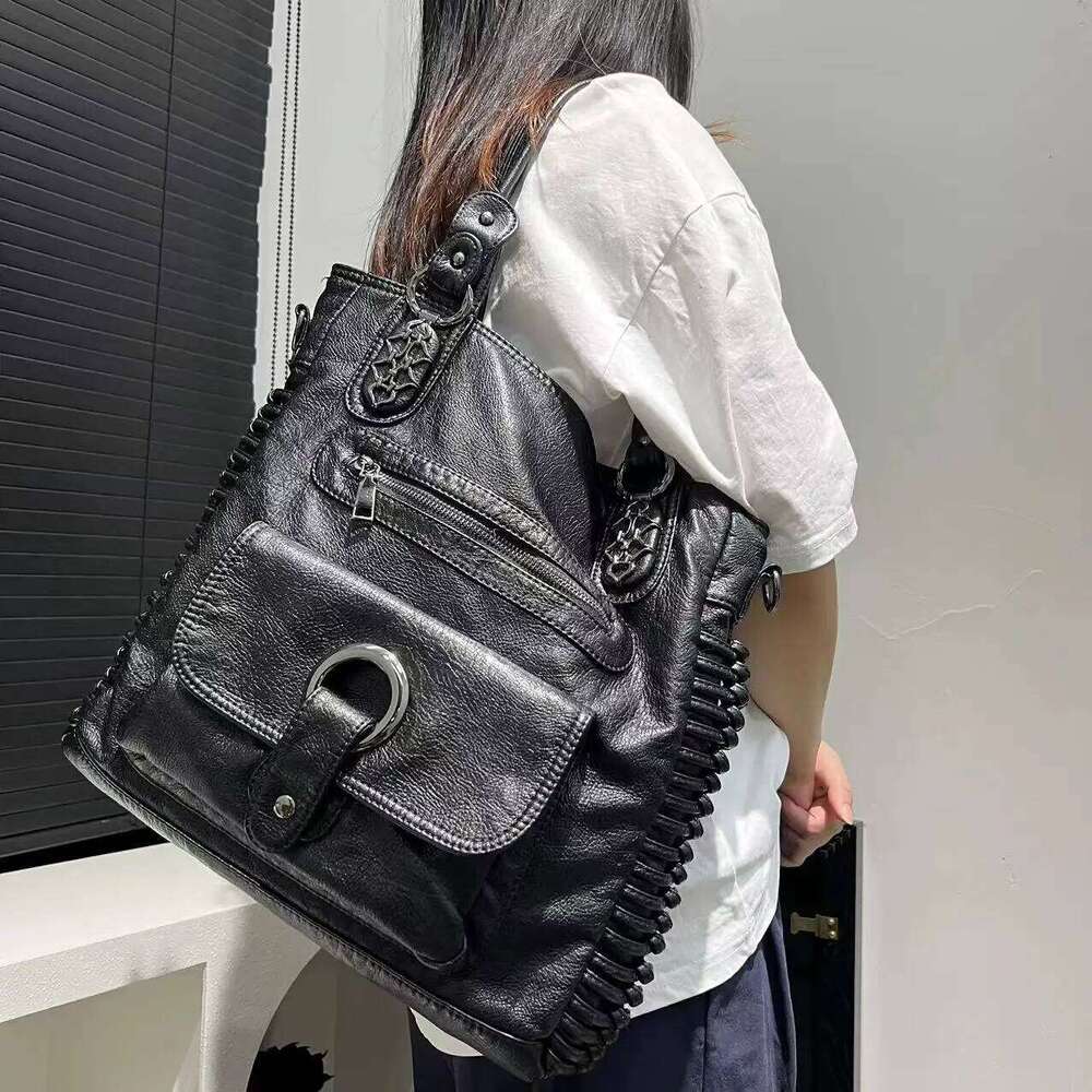 Women's Fashion Y2k Punk Distressed Tote Large Capacity Washed Vegan Leather Shoulder Bag