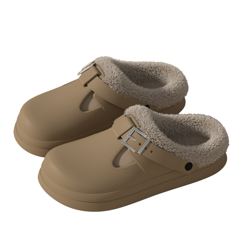 Fashionable autumn winter thick soled plush buckle warm cotton slippers casual new womens shoes